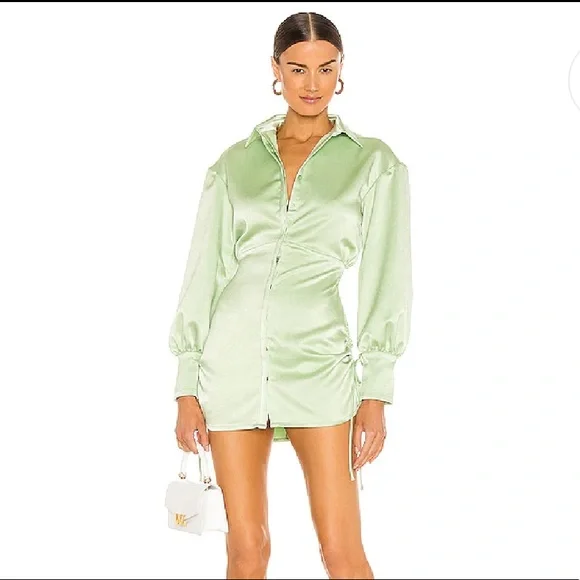 green ruched shirt dress Slinky Ruched Shirt Dress in Shimmer Green – Shop Hearts main image 0